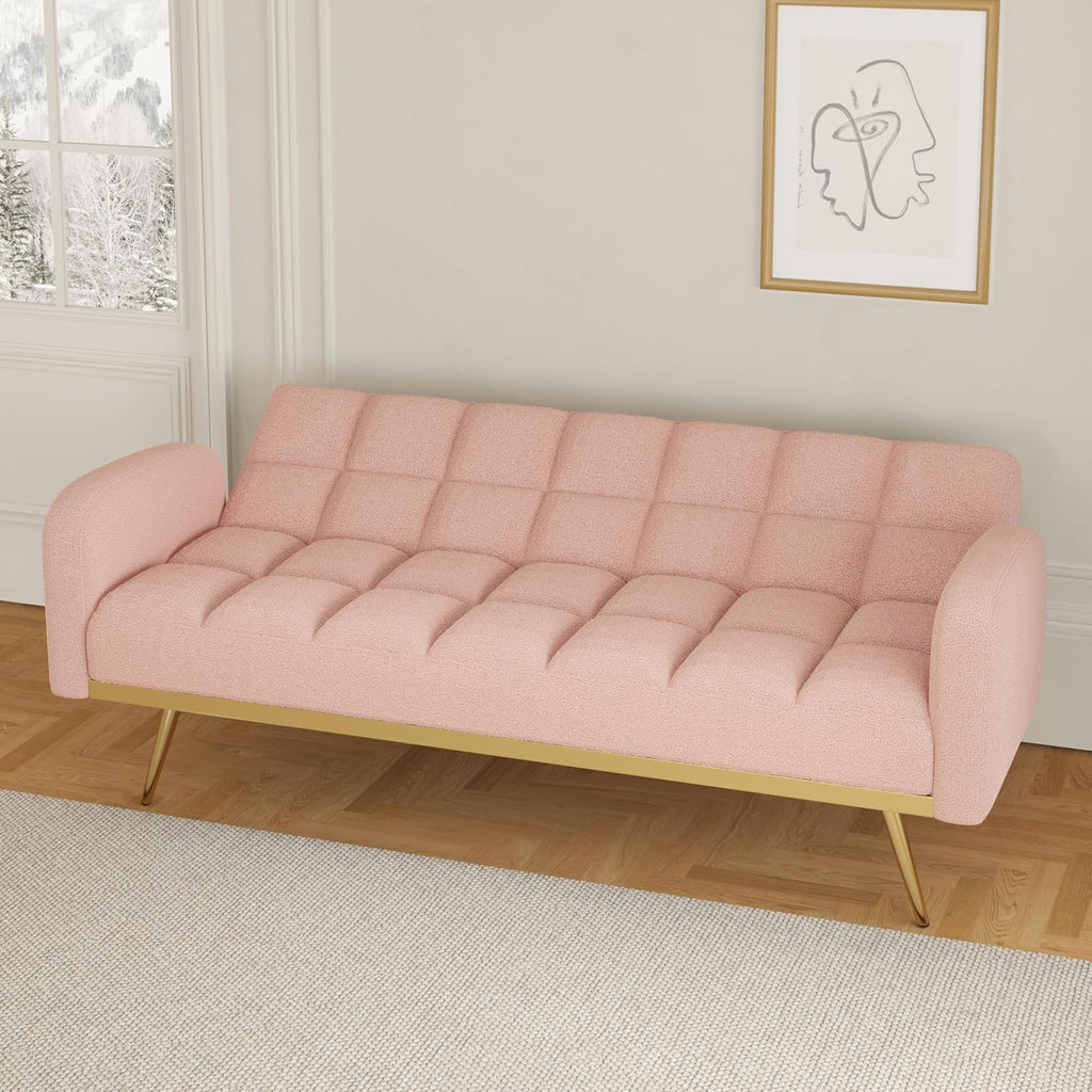 Pink Convertible Sleeper Loveseat Sofa 2-in-1 Adjustable Bed Futon Recliner with 2 Throw Pillows P441