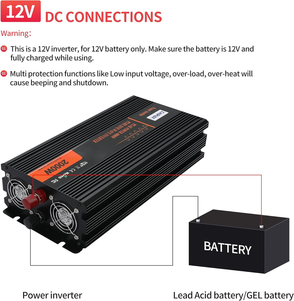 2000W Pure Sine Wave Power Inverter DC 12V to AC 120V with LCD Display Remote Control USB Port R626