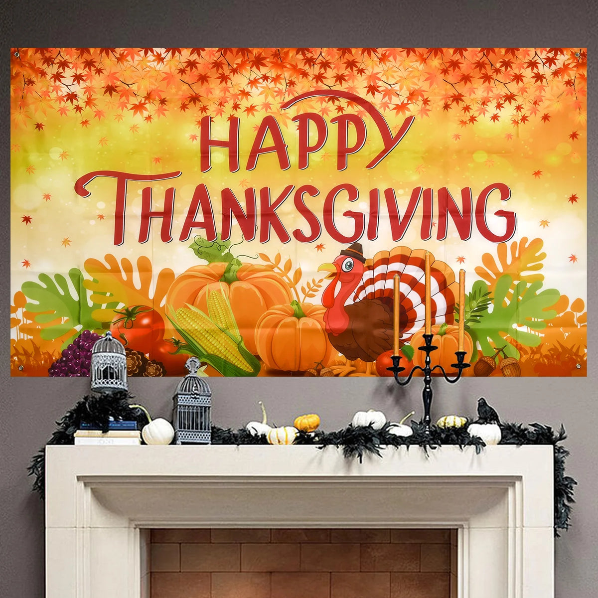 Thanksgiving Banner 72 x 46 Inch Turkey Pumpkin Maple Leaves Banner Z966
