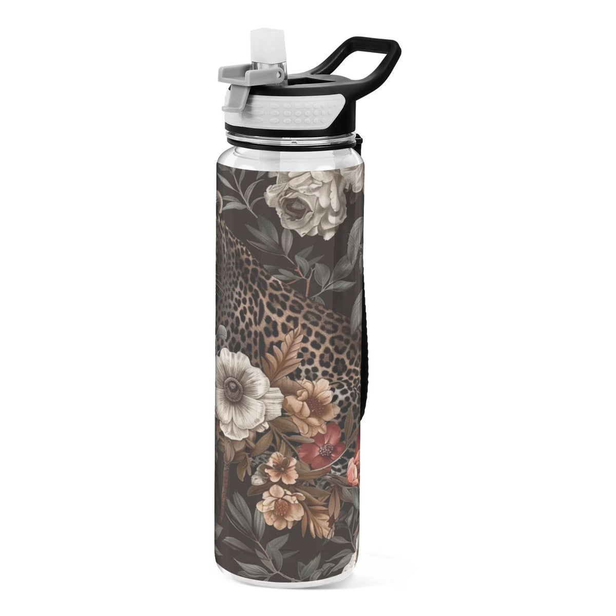 Leopard in Flowers 32oz Tritan Sports Water Bottle with Straw D3968