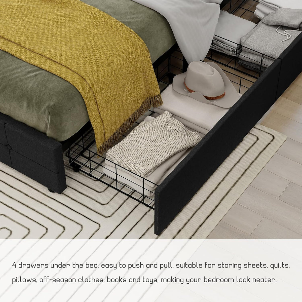 Black Linen Queen Size Platform Bed Frame with 4 Storage Drawers M724