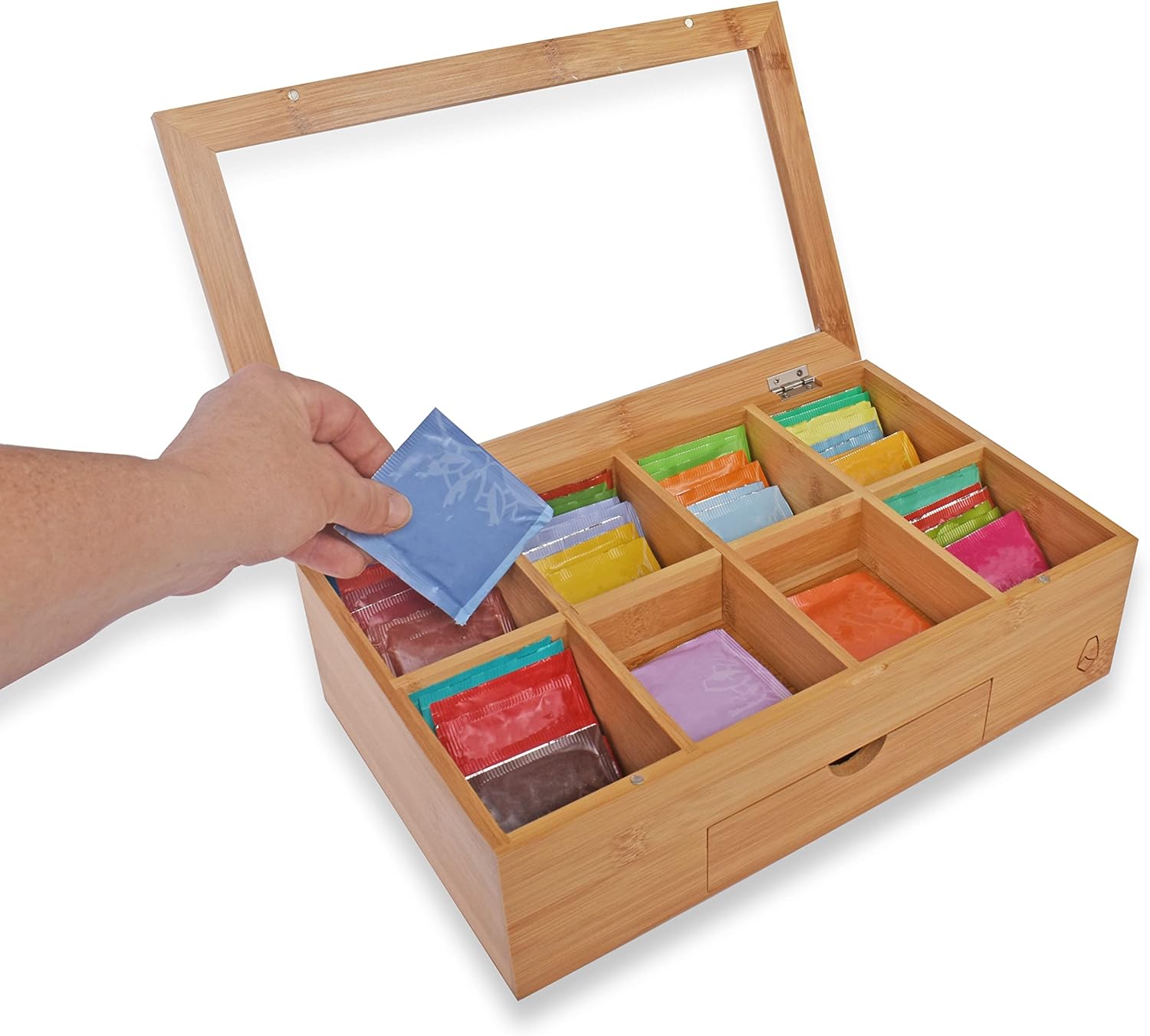 Bamboo Wood Tea Bag Storage Organizer with 8 Compartments and Drawer Q433