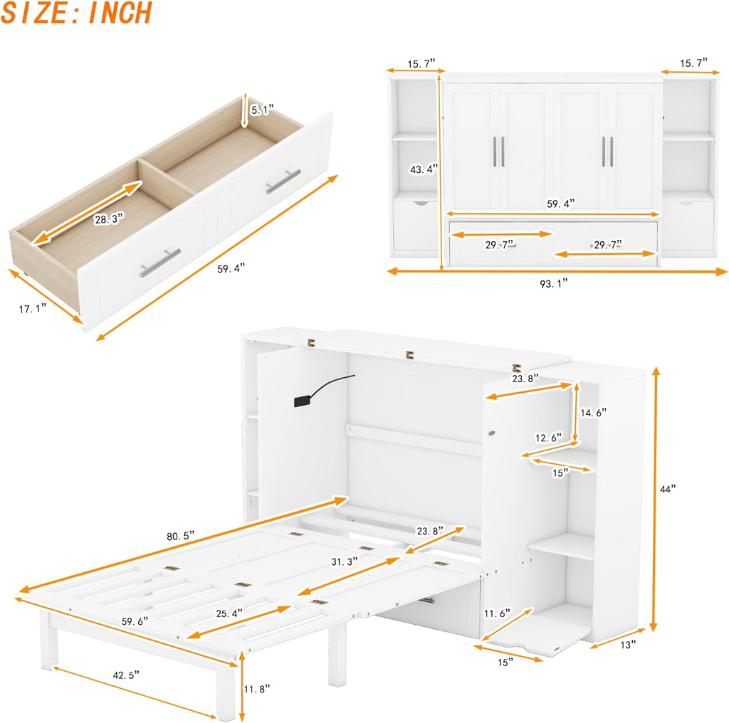 White Queen Size Murphy Bed with Shelves and Drawers B264