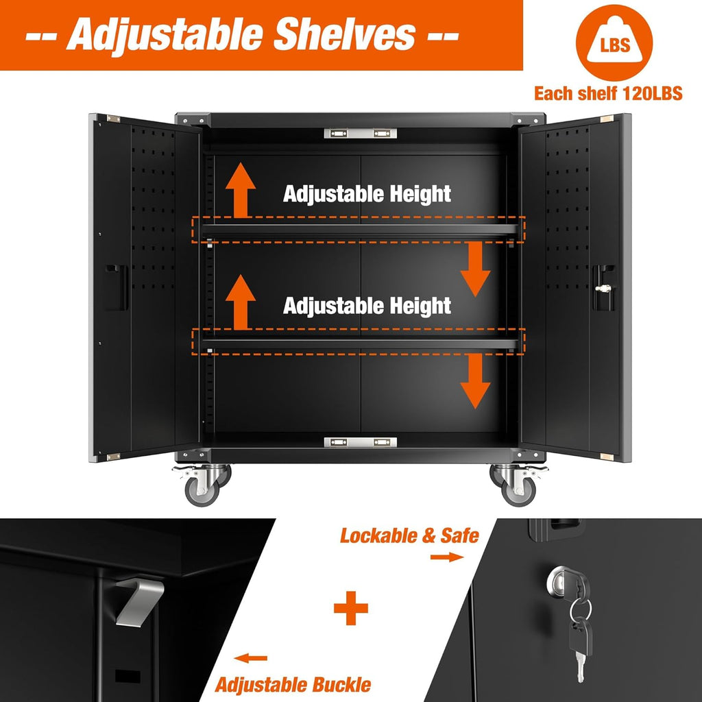 Black Metal Steel Storage Cabinet with Wheels and Pegboard Z1232