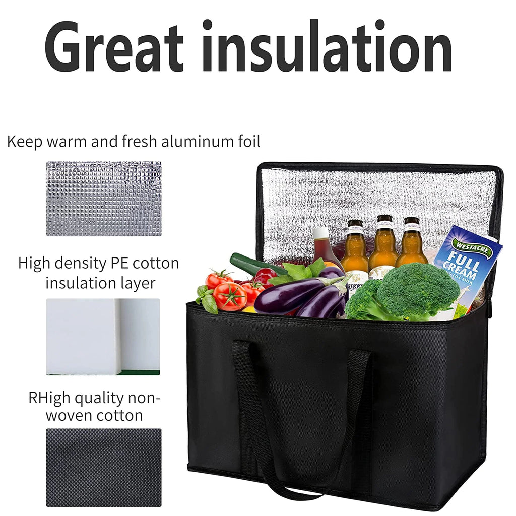 Black Insulated Grocery Tote Bag with Thermal Zipper W461660