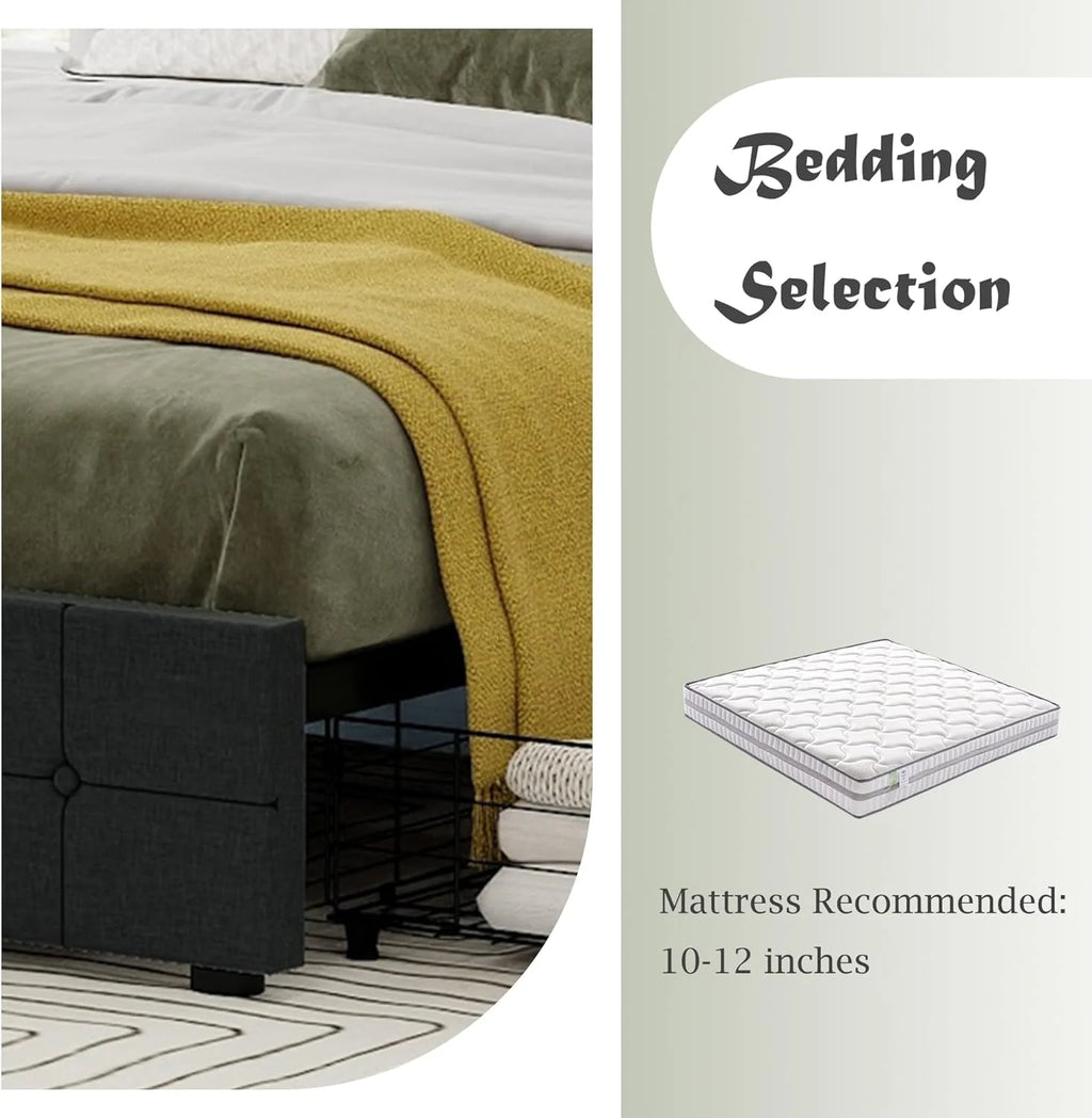 Black Linen Queen Size Platform Bed Frame with 4 Storage Drawers M724