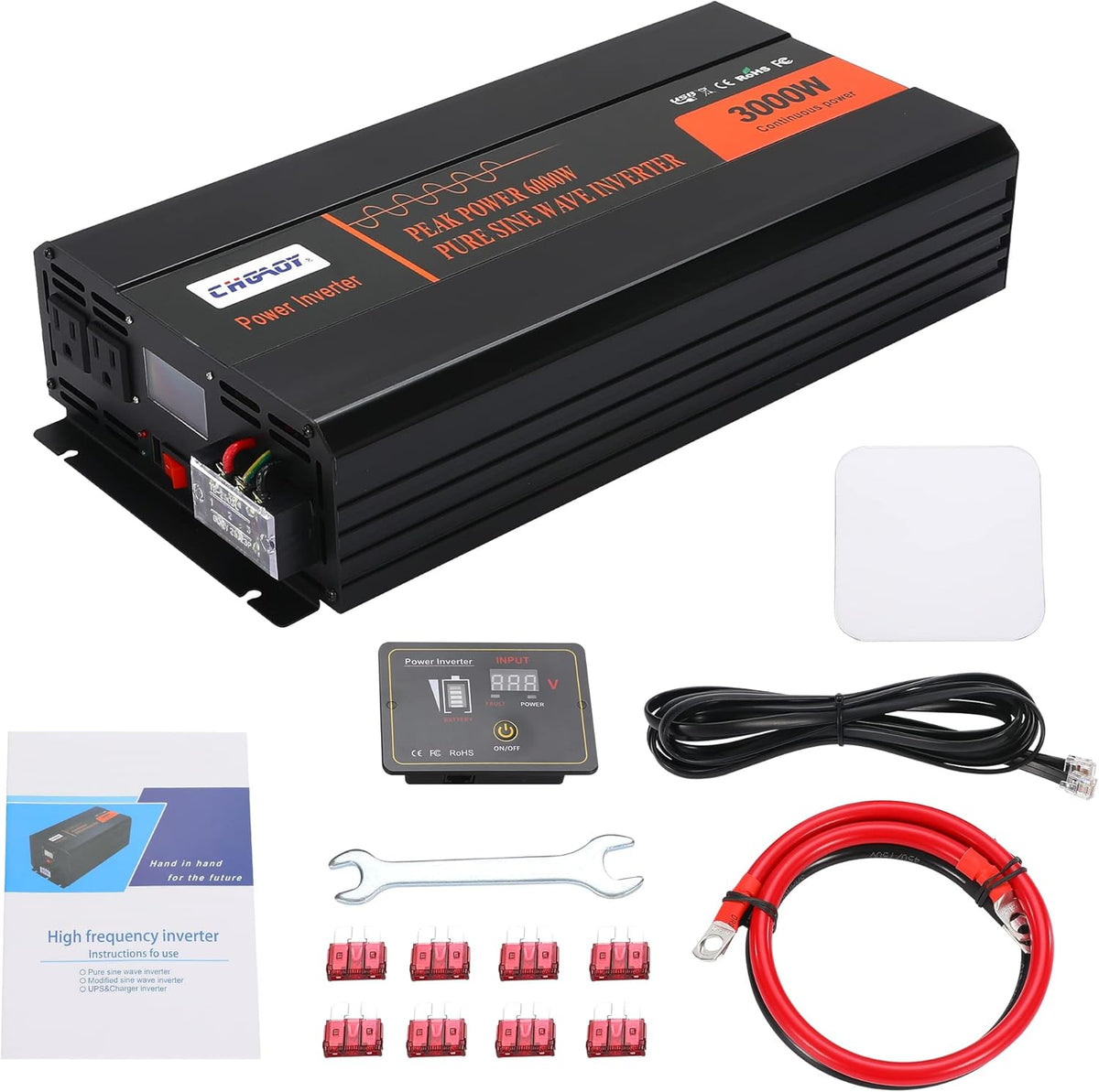 2000W Pure Sine Wave Power Inverter DC 12V to AC 120V with LCD Display Remote Control USB Port R626