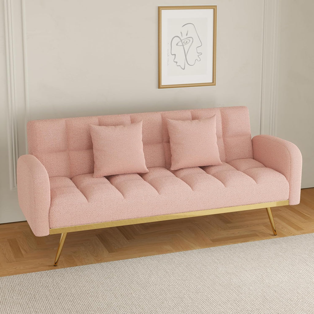 Pink Convertible Sleeper Loveseat Sofa 2-in-1 Adjustable Bed Futon Recliner with 2 Throw Pillows P441