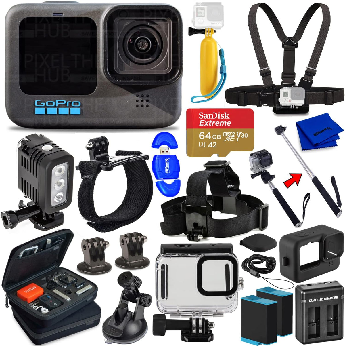 HERO10 Black Camcorder with 64GB microSD, 2 Batteries, Charger, Underwater Housing, LED Light Kit, Carry Case J18646