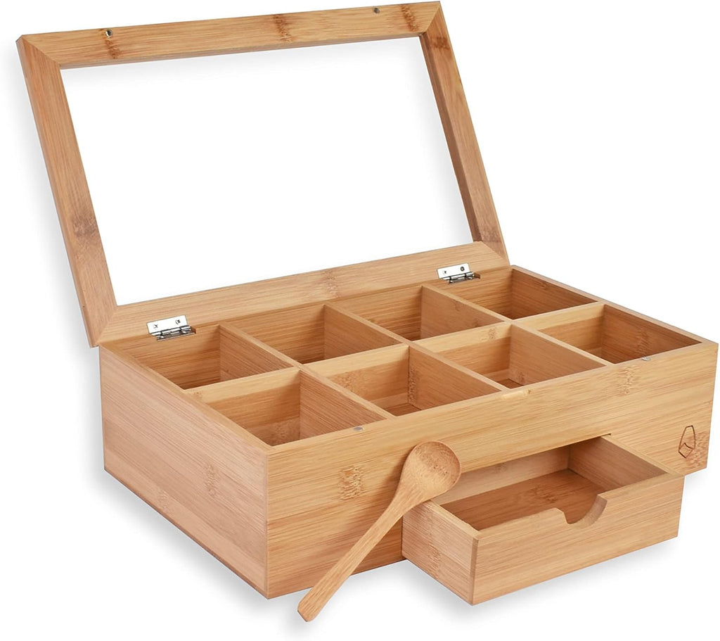 Bamboo Wood Tea Bag Storage Organizer with 8 Compartments and Drawer Q433