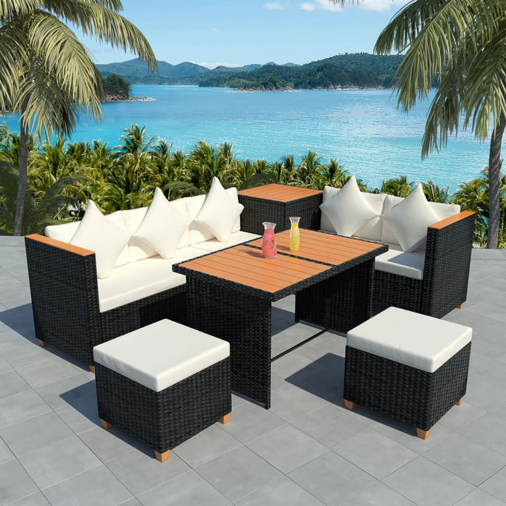 7 Piece White Cushioned Poly Rattan Outdoor Furniture Set X1708