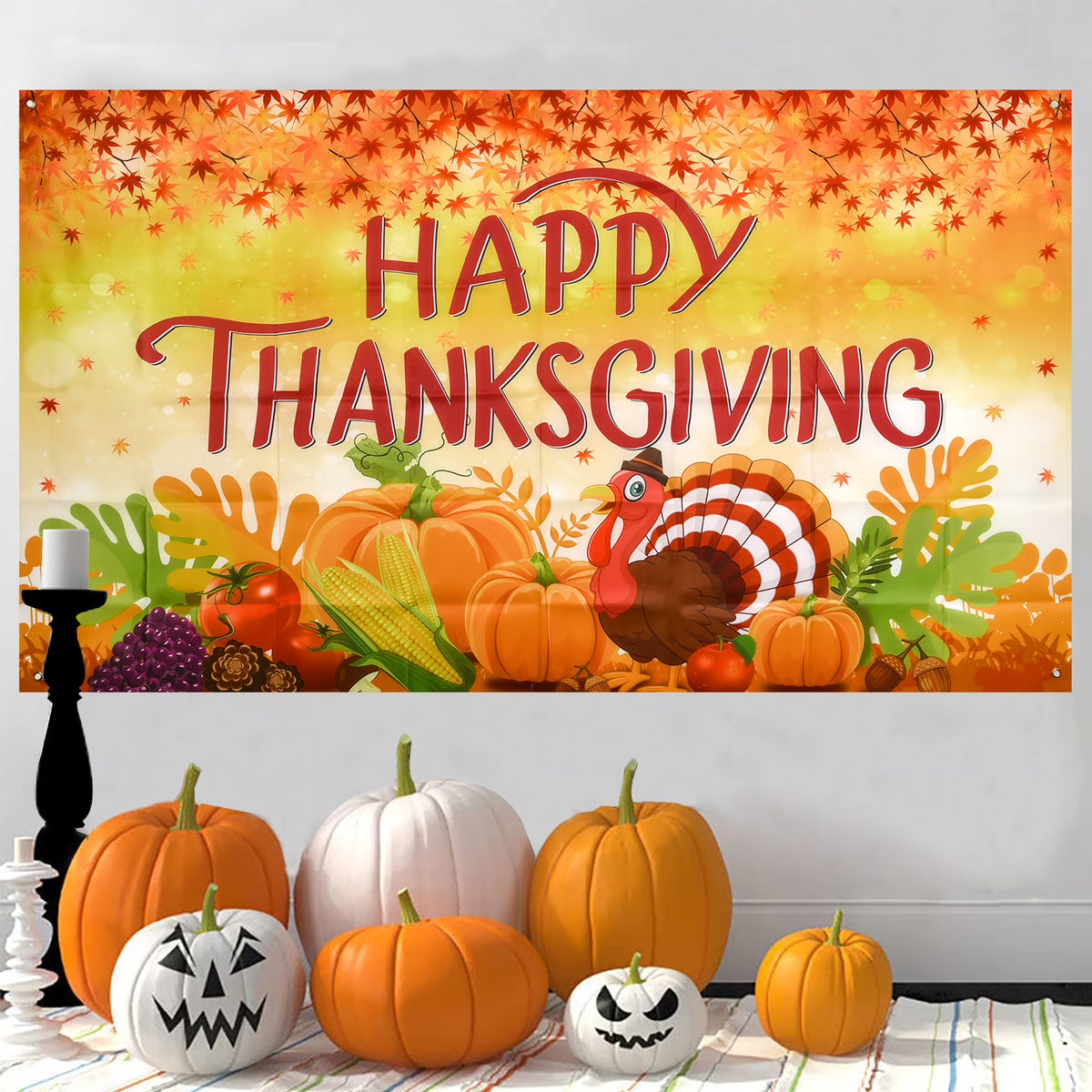 Thanksgiving Banner 72 x 46 Inch Turkey Pumpkin Maple Leaves Banner Z966