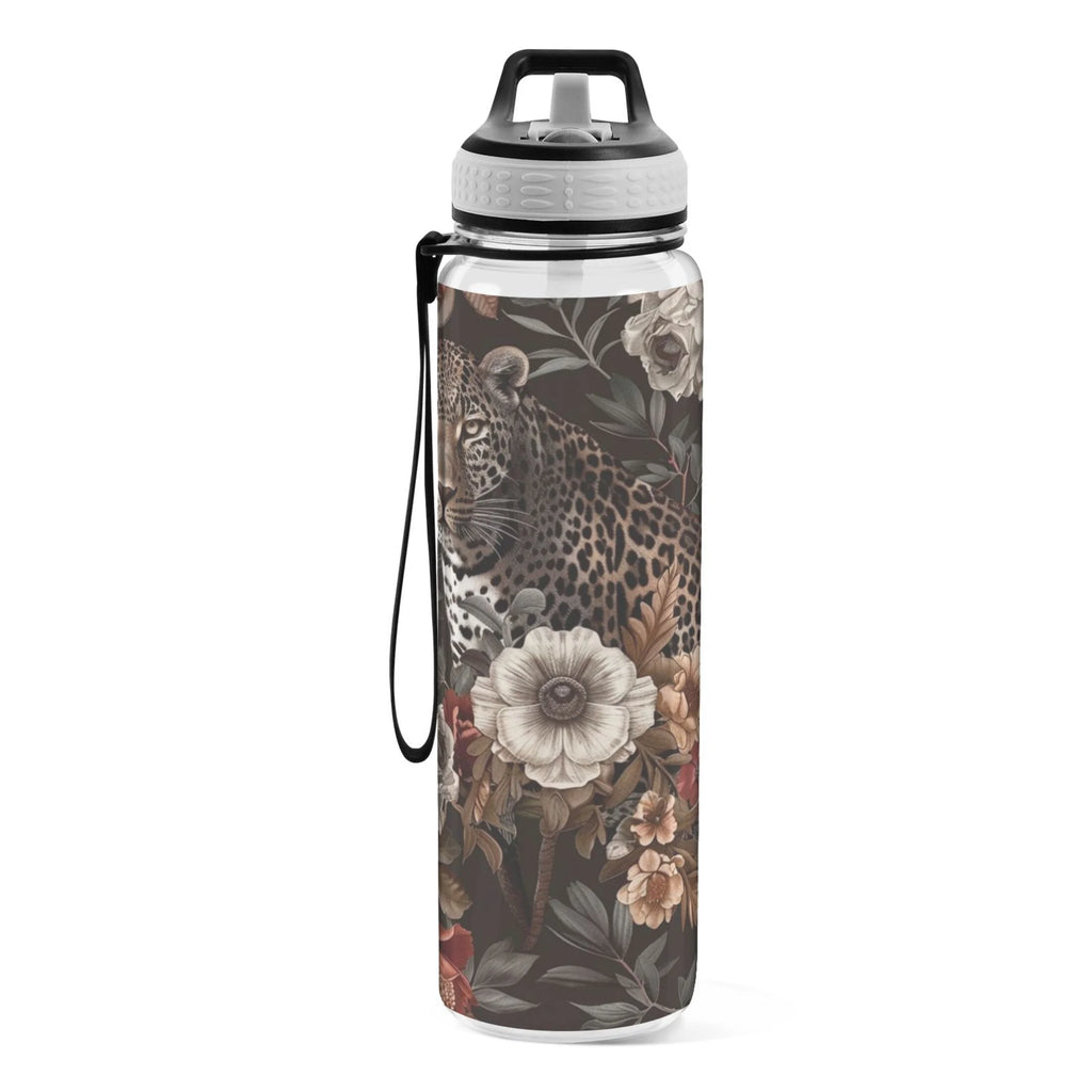 Leopard in Flowers 32oz Tritan Sports Water Bottle with Straw D3968