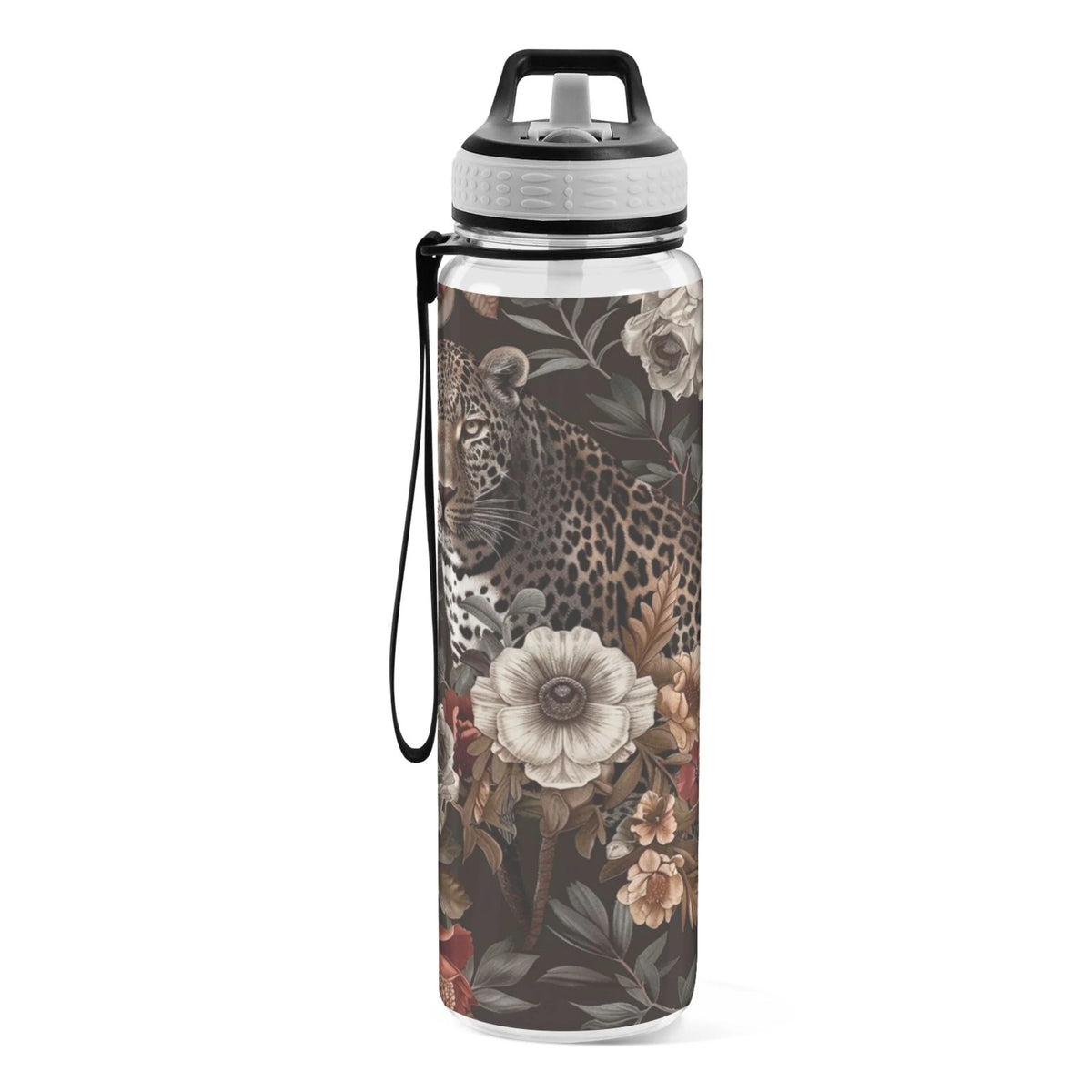 Leopard in Flowers 32oz Tritan Sports Water Bottle with Straw D3968