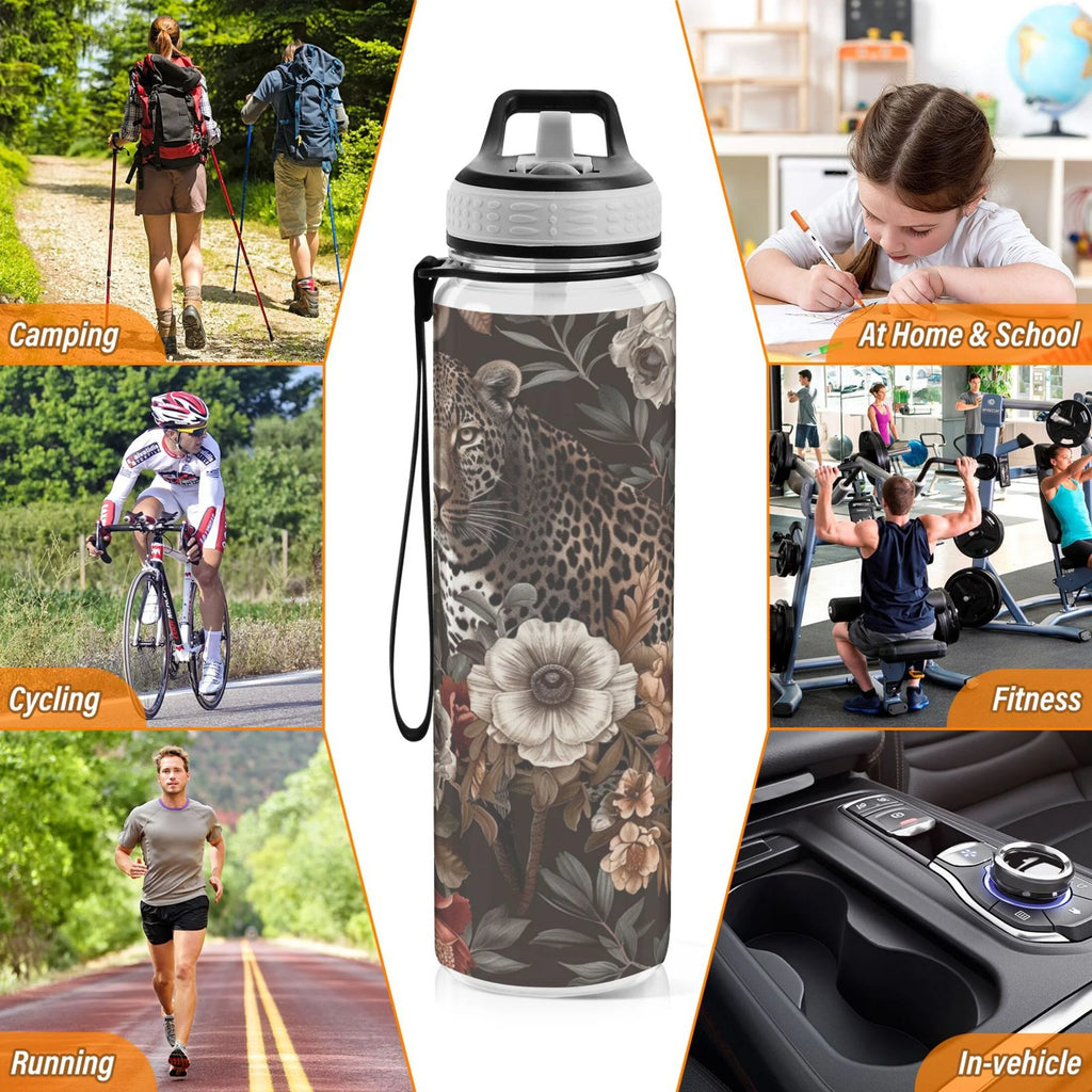 Leopard in Flowers 32oz Tritan Sports Water Bottle with Straw D3968