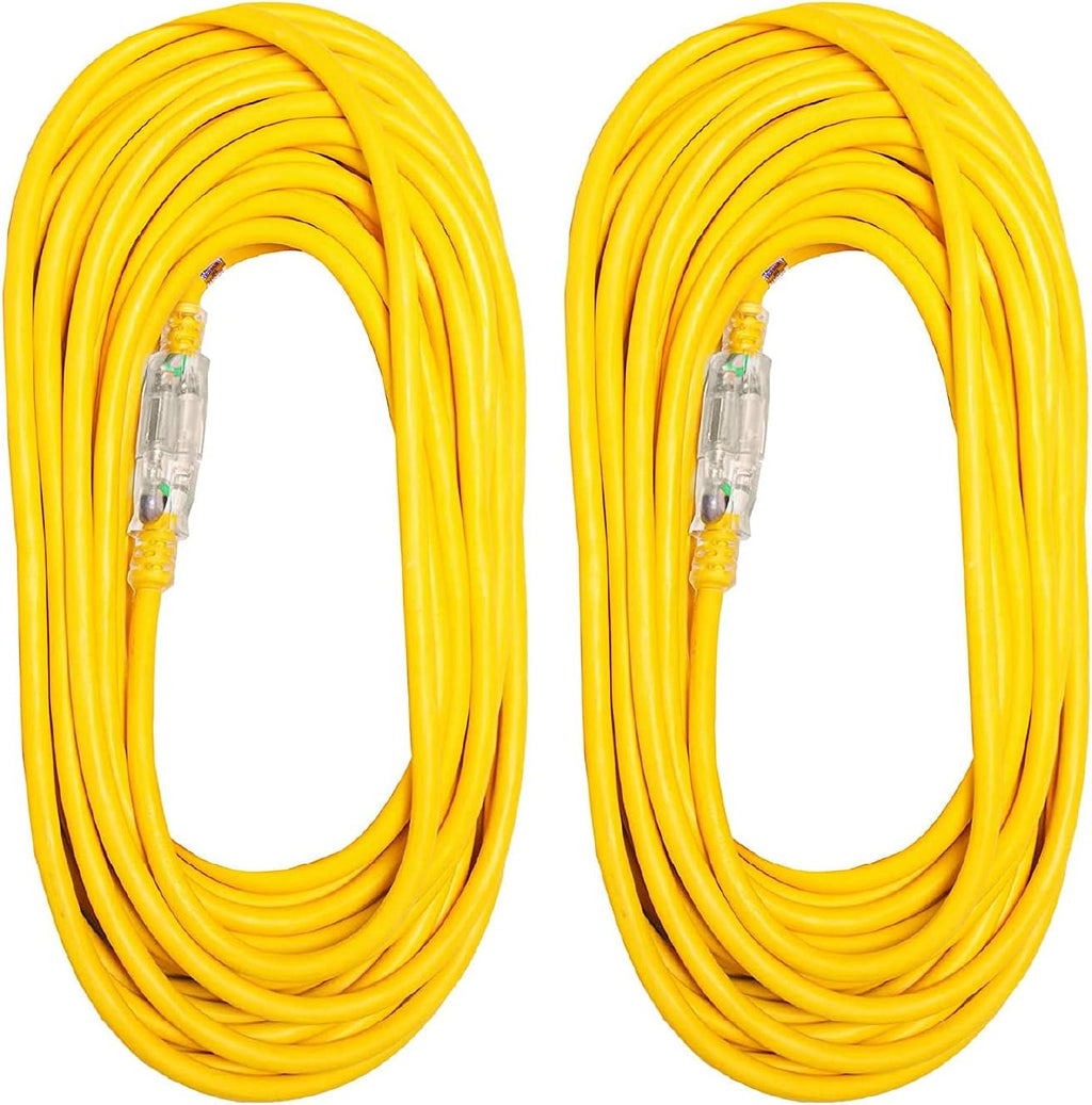 2 Pack 50 Foot Outdoor Extension Cords, 12/3 Heavy Duty Yellow Extension Cable with 3 Prong Grounded Plug B664405