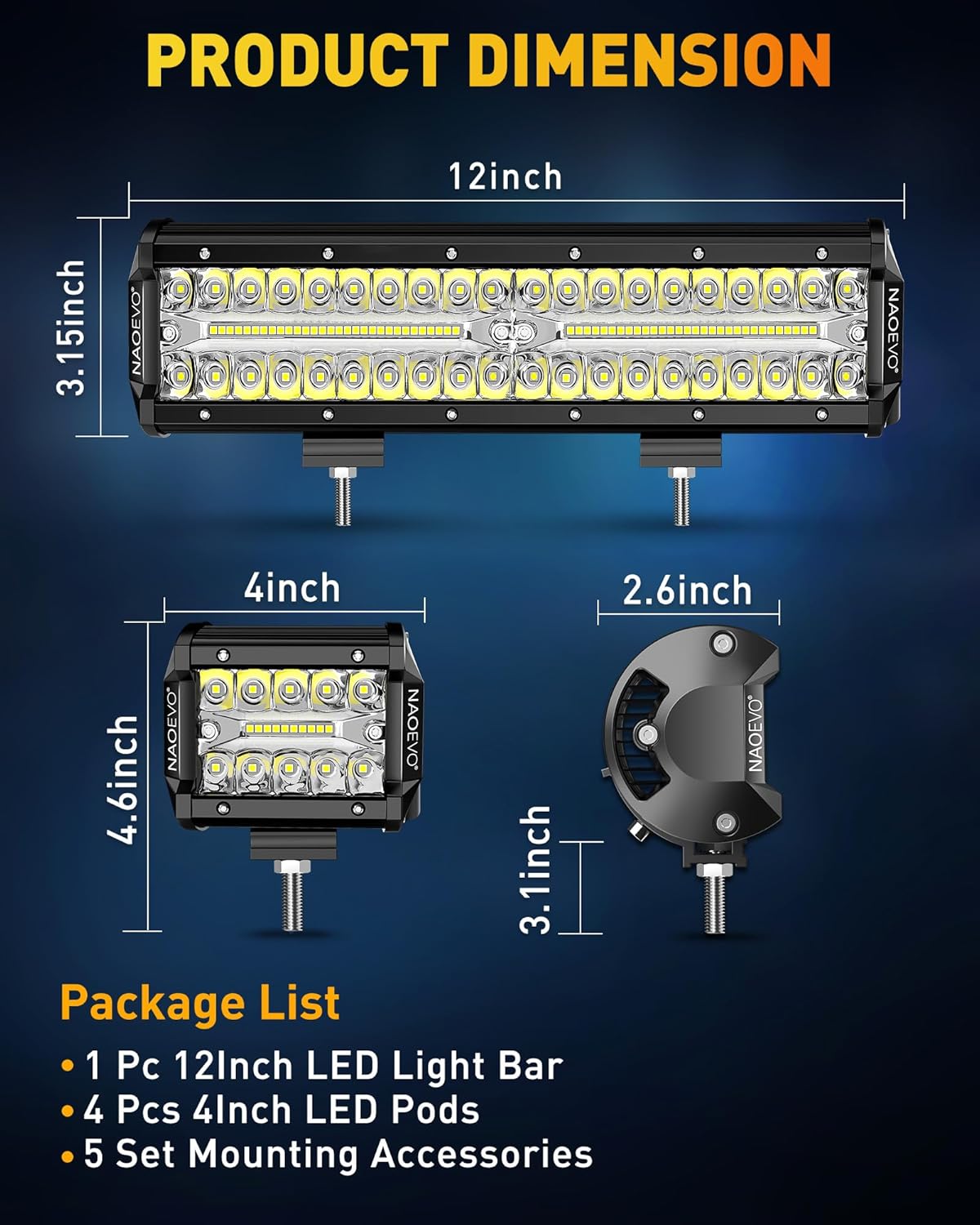 12 Inch LED Light Bar and 4PCS 4 Inch LED Pod Lights, 54000LM Triple Row Spot Flood Combo LED Light Bar F923