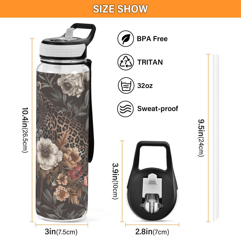 Leopard in Flowers 32oz Tritan Sports Water Bottle with Straw D3968