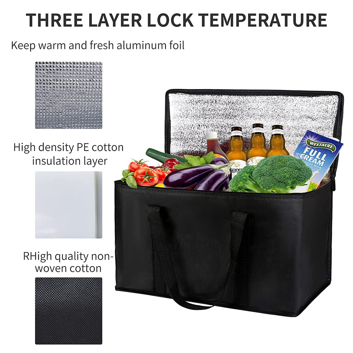 Black Insulated Grocery Tote Bag with Thermal Zipper W461660