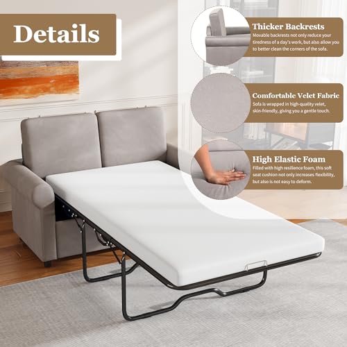 Grey Velvet Convertible Sofa Bed with Memory Foam Mattress Q99967