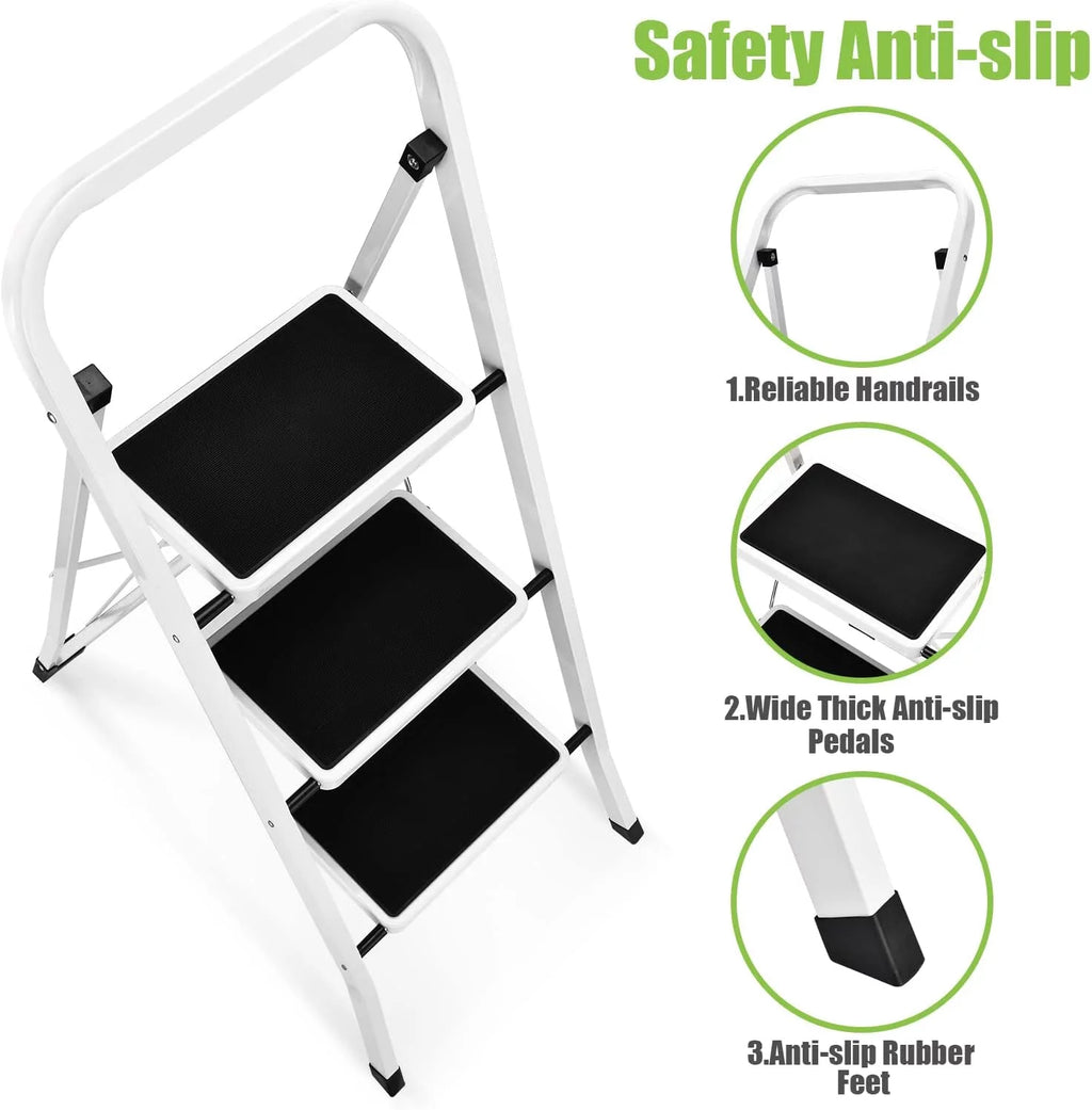3-Step Folding Step Stool with Anti-Slip Pedal and Handrails M9472