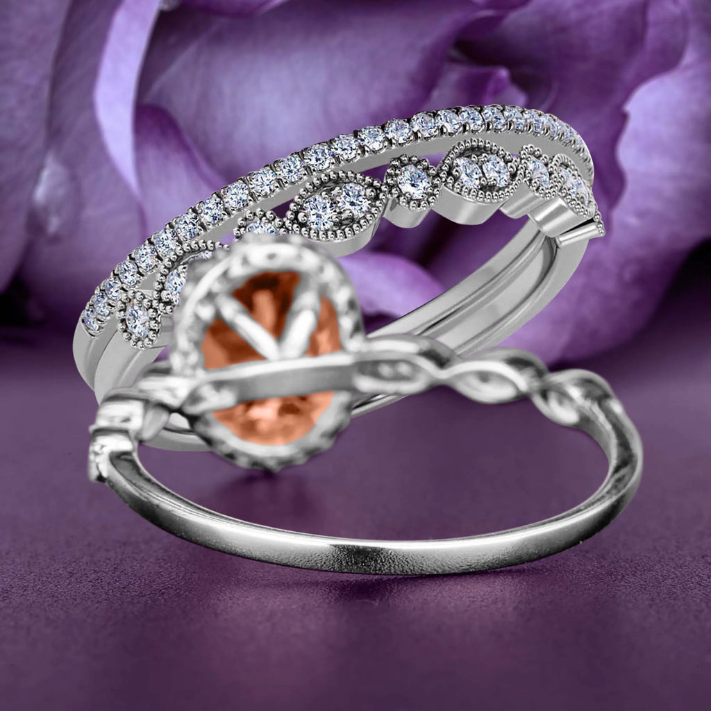 Art Deco Oval Cut Morganite And Diamond Moissanite Engagement Ring Trio Set In 925 Sterling Silver With 18K White Gold Plating Y59230