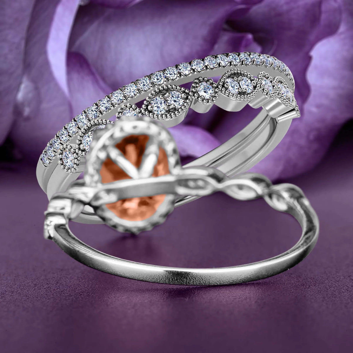 Art Deco Oval Cut Morganite And Diamond Moissanite Engagement Ring Trio Set In 925 Sterling Silver With 18K White Gold Plating Y59230