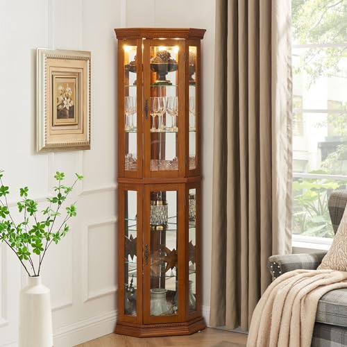 Corner Curio Cabinet with Tempered Glass Shelves, Mirrored Back, Cherry Q579