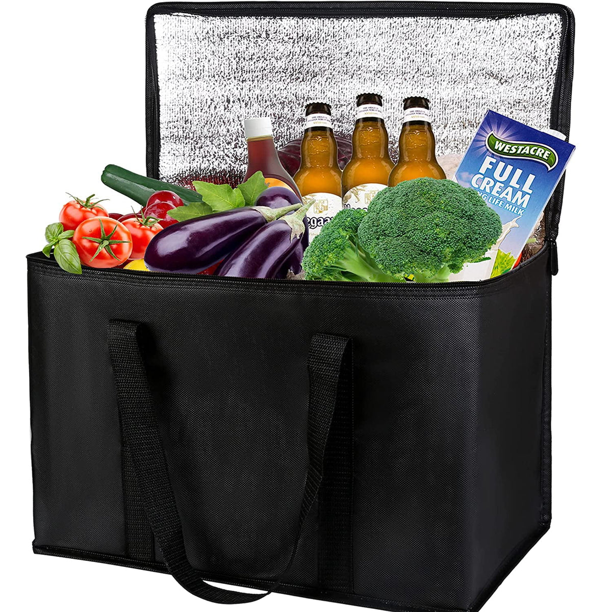 Black Insulated Grocery Tote Bag with Thermal Zipper W461660
