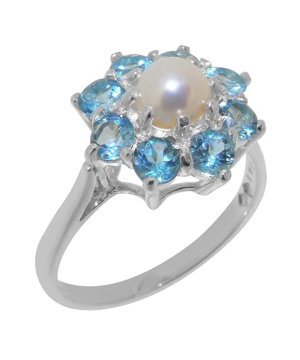 10k White Gold Cultured Pearl Blue Topaz Womens Statement Ring Y28866