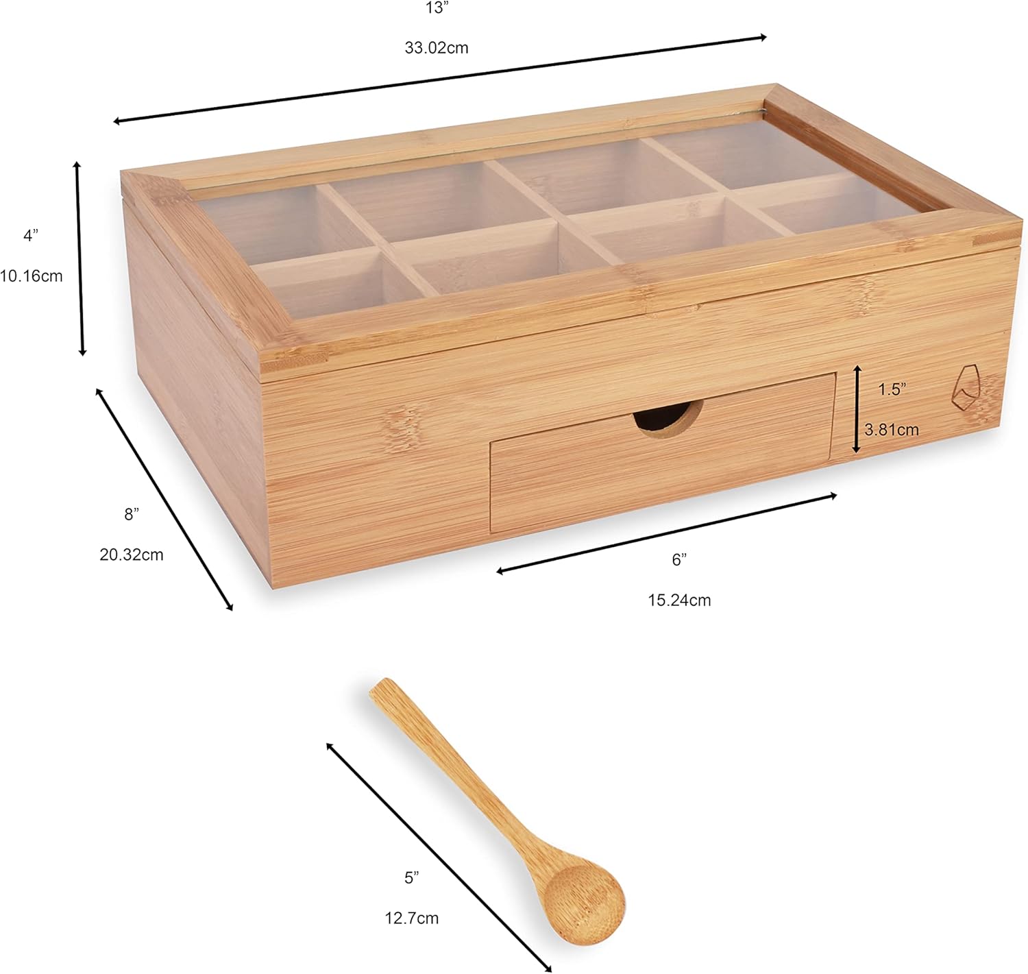 Bamboo Wood Tea Bag Storage Organizer with 8 Compartments and Drawer Q433