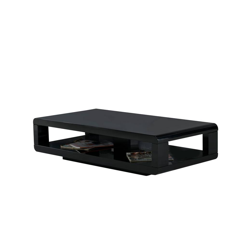 Black Glossy Rectangle Wood Coffee Table with Shelf Q47313