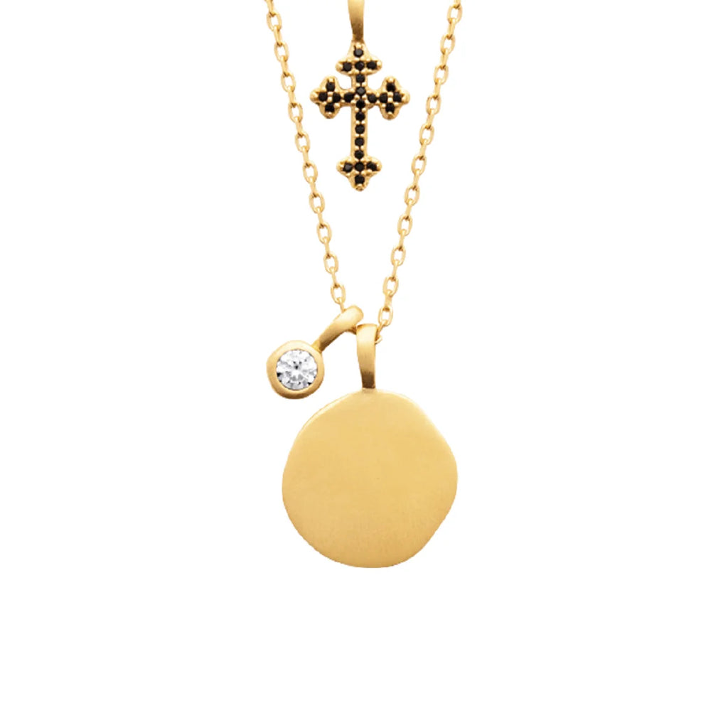 18K Gold Plated Double Necklace with Cubic Zirconia and Black Cross D294