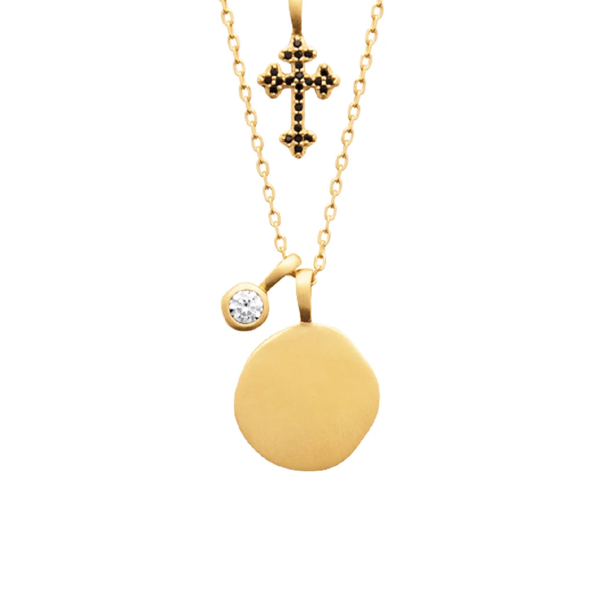 18K Gold Plated Double Necklace with Cubic Zirconia and Black Cross D294