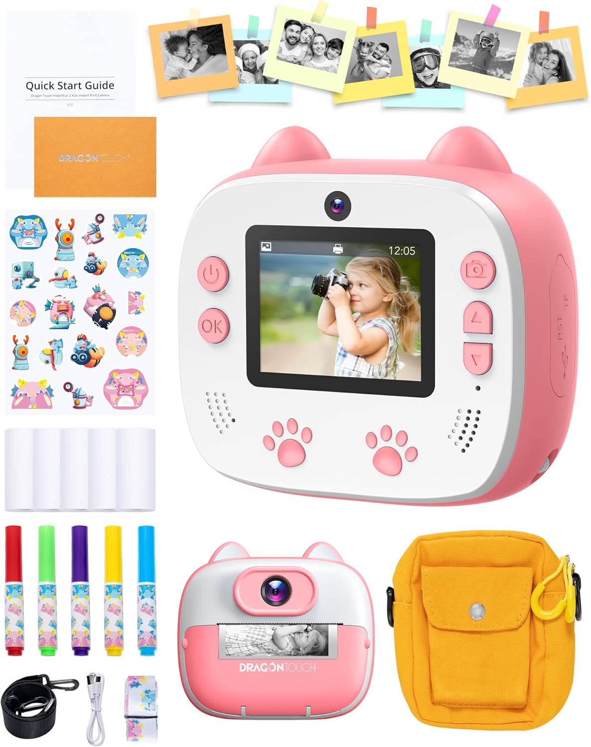 Instant Print Digital Camera with Dual Camera Lens, Print Paper, Cartoon Sticker, Color Pens and Camera Bag (Christmas Red) W7734