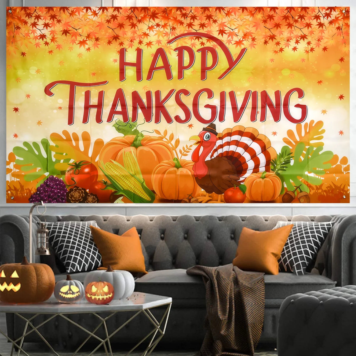 Thanksgiving Banner 72 x 46 Inch Turkey Pumpkin Maple Leaves Banner Z966