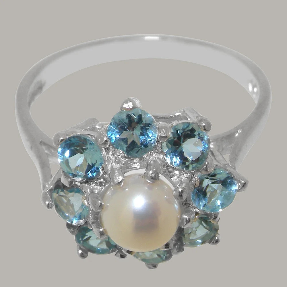 10k White Gold Cultured Pearl Blue Topaz Womens Statement Ring Y28866