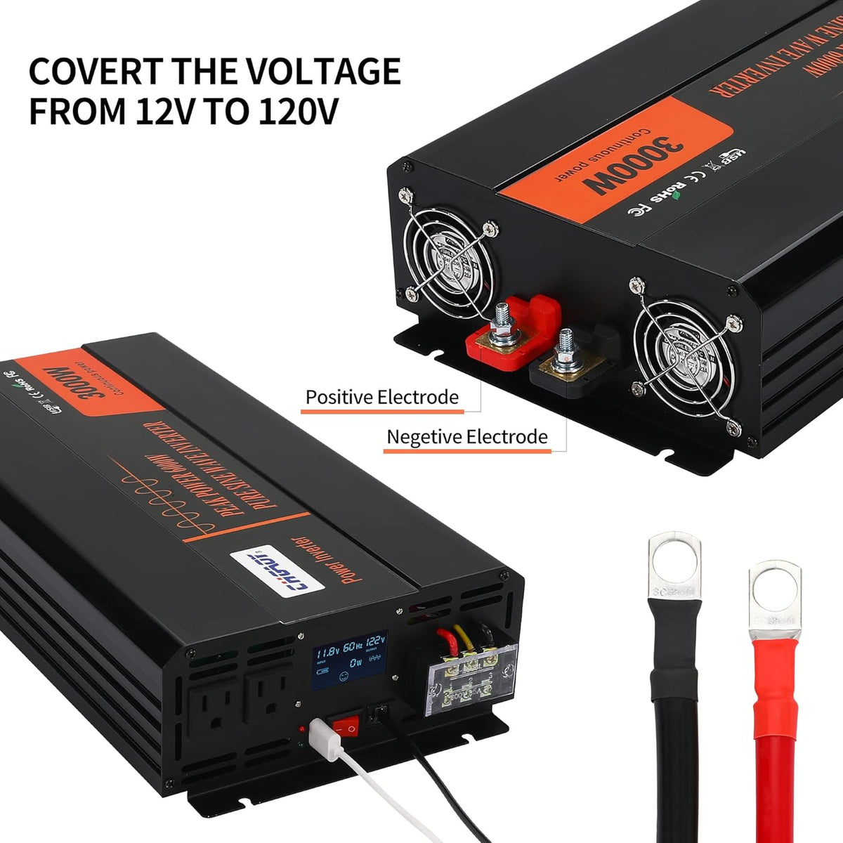 2000W Pure Sine Wave Power Inverter DC 12V to AC 120V with LCD Display Remote Control USB Port R626
