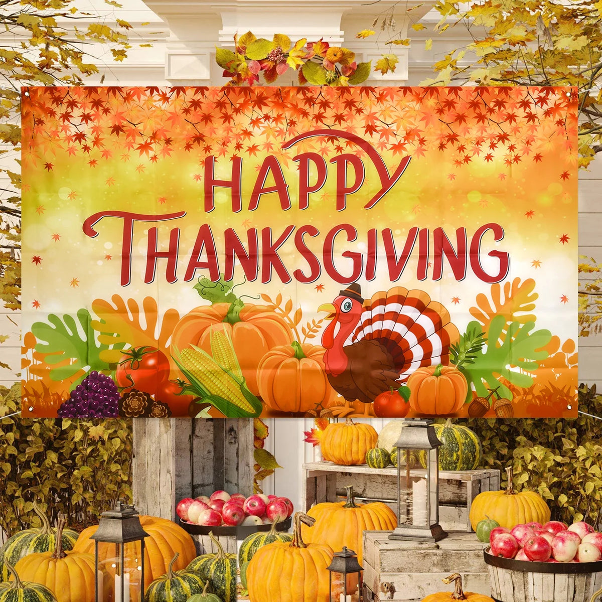Thanksgiving Banner 72 x 46 Inch Turkey Pumpkin Maple Leaves Banner Z966