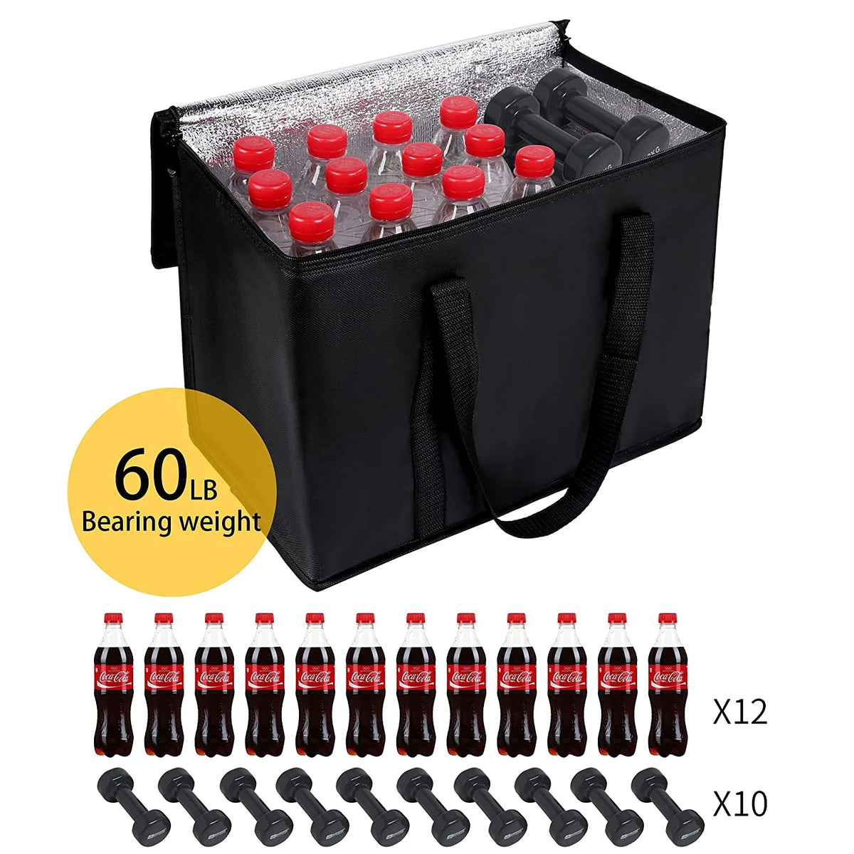 Black Insulated Grocery Tote Bag with Thermal Zipper W461660