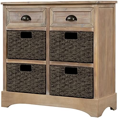 White Washed Storage Cabinet with Two Drawers and Four Rattan Basket N357