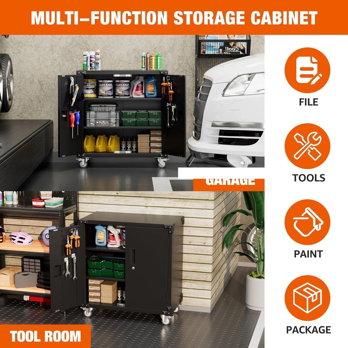 Black Metal Steel Storage Cabinet with Wheels and Pegboard Z1232