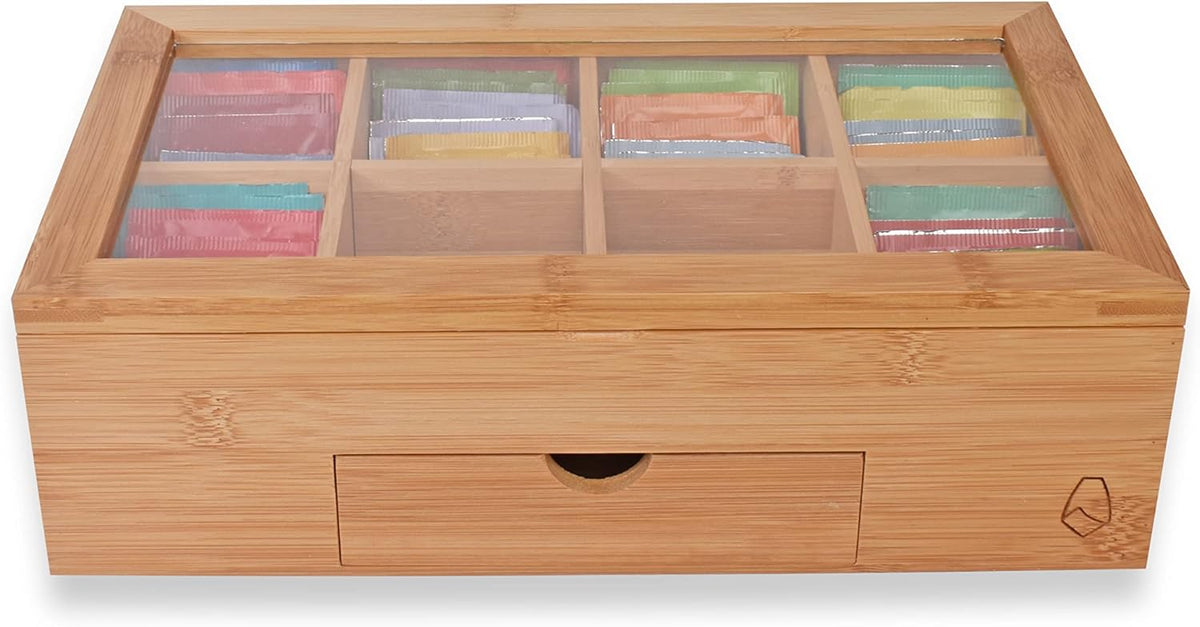 Bamboo Wood Tea Bag Storage Organizer with 8 Compartments and Drawer Q433