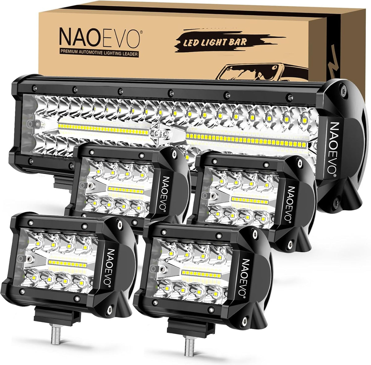 12 Inch LED Light Bar and 4PCS 4 Inch LED Pod Lights, 54000LM Triple Row Spot Flood Combo LED Light Bar F923