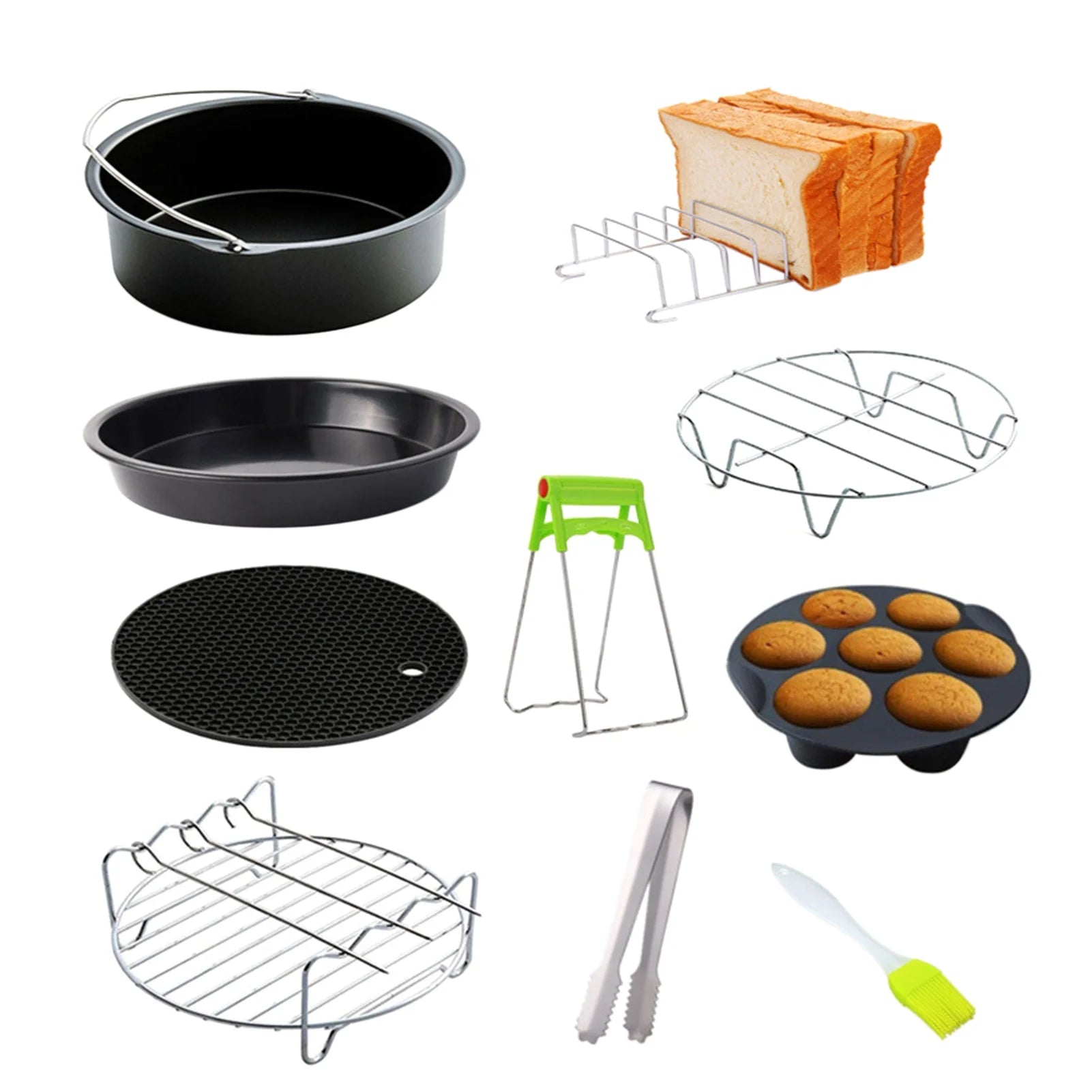 10Pcs Air Fryer Accessory Kit with Baking Pan Rack Pizza Tray E15099