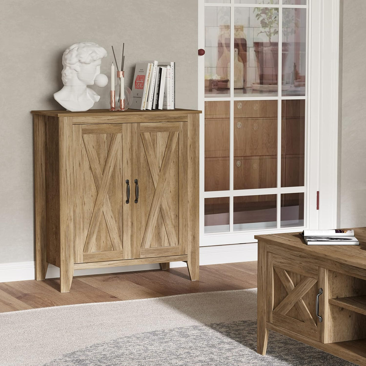 Rustic Oak Finish Sideboard Accent Storage Cabinet with Double Barn Doors and Fixed Shelf I6379