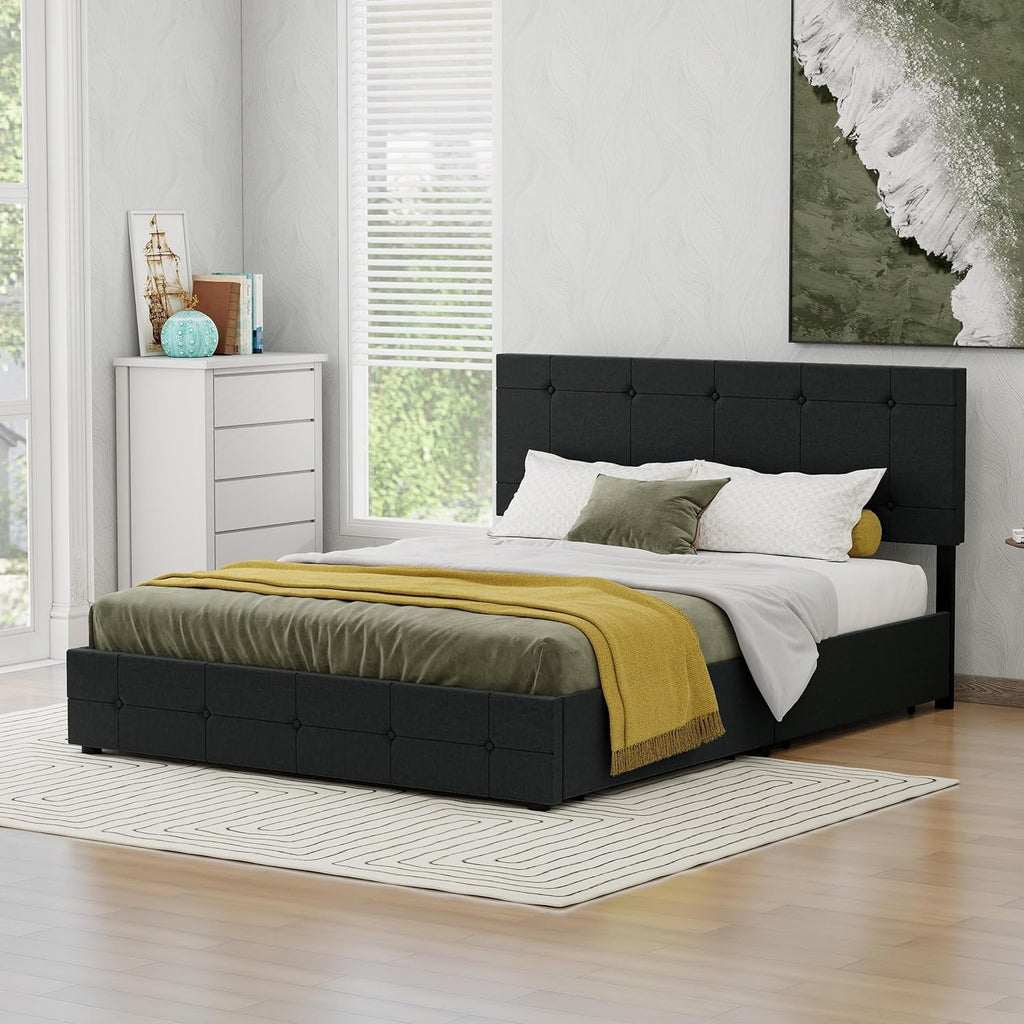 Black Linen Queen Size Platform Bed Frame with 4 Storage Drawers M724