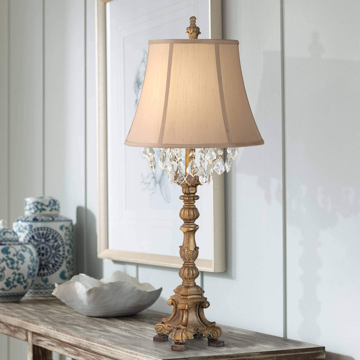 Crystal Gold Candlestick Table Lamp with Beige Bell Shade N767