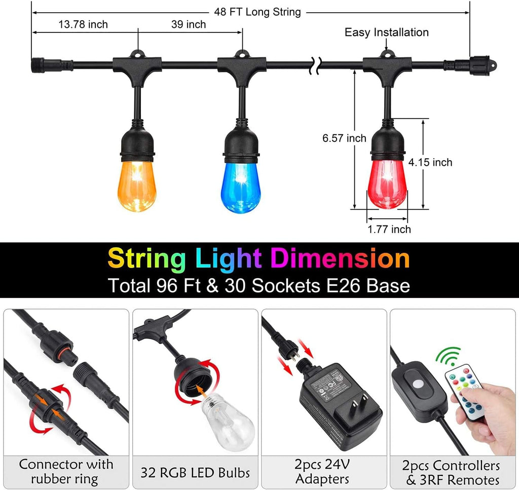 2-Pack 48FT Outdoor RGB String Lights with 30+5 E26 Shatterproof Edison Bulb Dimmable M19419