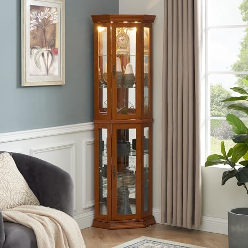Corner Curio Cabinet with Tempered Glass Shelves, Mirrored Back, Cherry Q579